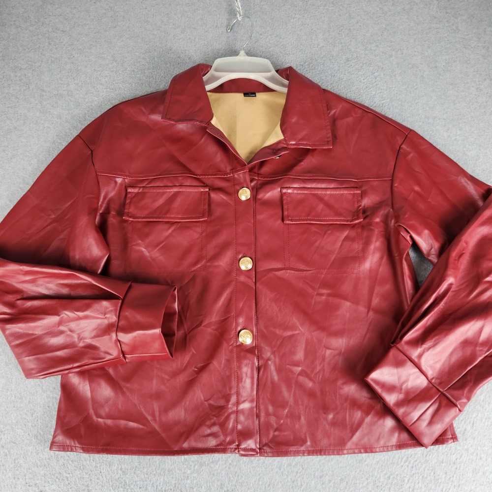Womens Faux Leather Moto Jacket Medium Red Long Sleeve Collared Button Front